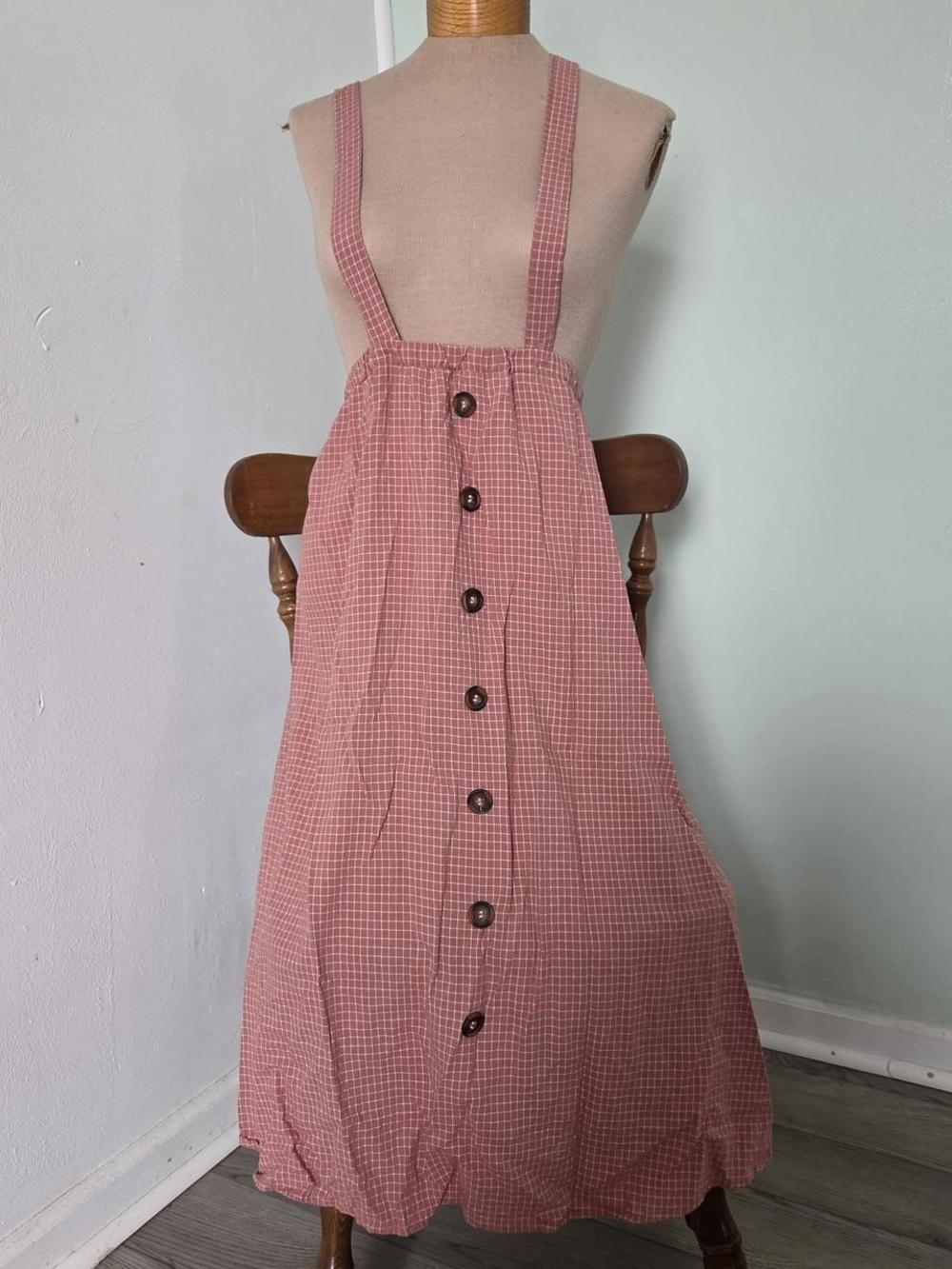Classic Pink Checkered Button-Front Suspender Skirt